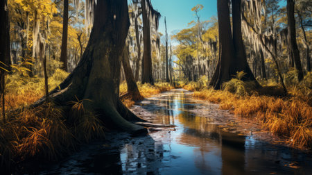 a river flowing through a swamp, surrounded by towering trees, is captured in a mesmerizing photograph. the image showcases a blend of light amber and turquoise hues, creating a captivating visual effect. the technique used, schlieren photography, adds a touch of uniqueness to the scene. set in the southern countryside, the photo exhibits a dramatic play of shadows, reminiscent of historical imagery. the highly detailedの素材