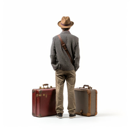 a man with bags standing with suitcases, showcasing a vintage minimalistic style in shades of gray and bronze. the photographically detailed portraitures capture the subject against a white background, employing photo-realistic techniques. the composition incorporates crimson and brown accents, while multiple points of view add depth to the image. ai generatedの素材