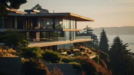 sleek hillside house design in queen anne architecture captured in this close-up photograph by olson kundig. the foreground features a blurred shrub, adding depth to the composition. shot in 8k from a cinematic perspective, the image showcases professional color grading, epic volumetric lighting, and sharp focus. the film grain and atmospheric elements enhance the overall atmosphere. captured using a sony alpha a7 iii camera withの素材