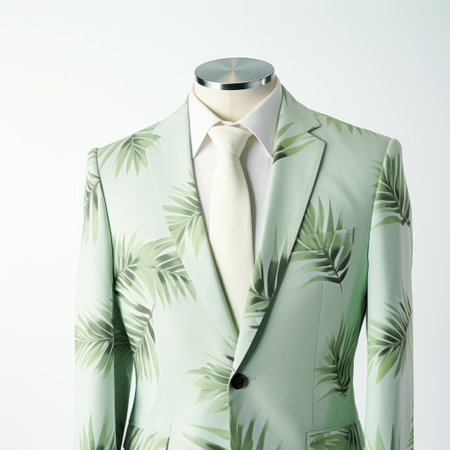 a mannequin wearing a tropical print dining suit in the style of light green and silver. the photograph showcases precisionist lines and a back button focus, capturing the essence of wealthy portraiture. influenced by the cinquecento and ssaku hanga techniques, the image is sharp and visually striking. ai generatedの素材