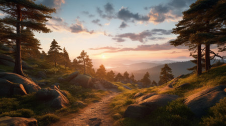 a sunny mountain landscape with trees at the end of a trail, featuring a realistic and hyper-detailed rendering in the style of daz3d, american tonalist, and marcin sobas. this landscape-focused artwork showcases the beauty of nature with rtx on, while also incorporating social commentary. ai generatedの素材