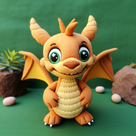 a big dragon felt plush doll created by make-up artist carolynmae. this adorable doll, rendered in cinema4d, features cute cartoonish designs with pixel art and organic stone carvings. the doll is beautifully crafted in light yellow and light orange colors. the photo of this unique creation was captured using a nikon d750 camera, showcasing the intricate details of the plush doll. ai generatedの素材