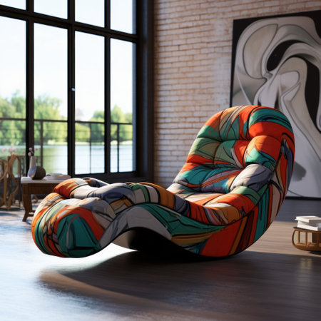zalando lounge chair: this photo showcases the artestudio u daln lounge chair, inspired by colorful comic strips. rendered in maya, the chair features swirling colors and photorealistic details. the free-form compositions and aggressive quilting add a unique touch. the use of vray enhances the overall visual appeal. ai generatedの素材
