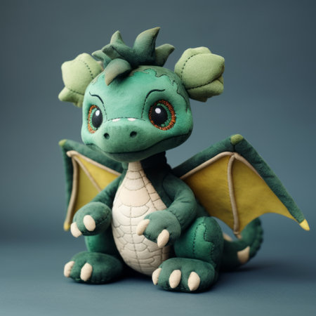 a playful character design featuring a red and green plush dragon sitting on the ground. this adorable plush doll art showcases a unique style with dark gray and light cyan colors. the use of softbox lighting enhances the details of the dark green and dark azure hues, creating a captivating visual. ai generatedの素材