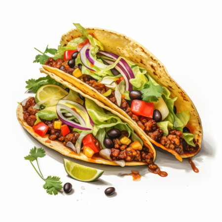 a stack of tacos, captured with a lensbaby composer pro ii with edge 50 optic, is showcased on a clean white background. this high-resolution 32k uhd image features lively illustrations, vibrant colors, and smooth curves, creating a skeuomorphic visual experience. ai generatedの素材