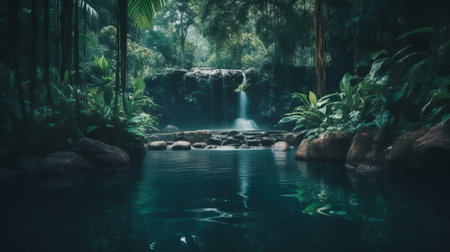 a stunning waterfall cascades through a vibrant jungle, surrounded by lush green trees and rocks. this picturesque scene captures the essence of poolcore, with its minimalist background featuring shades of dark teal and dark brown. the high-resolution 32k uhd quality of the photo enhances the beauty of this natural wonder. ai generatedの素材