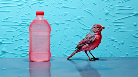 a plastic bottle, in the style of hyper-realistic bird studies, stands on a green tile. the bottle is dark pink and azure, showcasing the artistic influence of new american color photography. with its inventive character designs, this photograph captures the sensitivity to the natural world while highlighting the vibrant colors of the bottle. ai generatedの素材