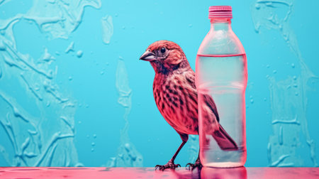 a vibrant, high-energy photograph featuring a bird perched on top of a bottle. this studio photography captures the bird in a unique and captivating way. the pink and azure colors create a visually striking contrast against the sparse background. the image showcases a blend of technological art and a stark, unfiltered aesthetic. ai generatedの素材