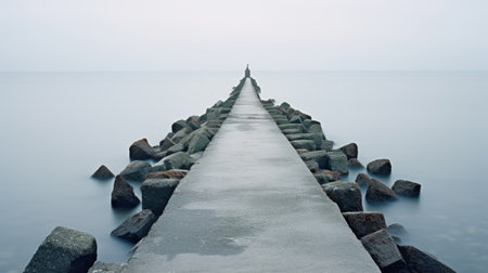 a misty gothic scene captured on a 70mm film, featuring a serene and surreal long pier extending into the water. the waves gently rise and fall, creating a zen-like tranquility. the muted tones of light black and aquamarine add to the ethereal atmosphere, reminiscent of the artistic style of johannes jan schoonhoven. this associated press photo encapsulates a sense of calm and mystery. ai generatedの素材