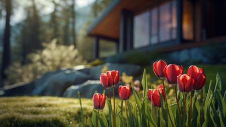art deco architecture photography of sleek hillside house design by olson kundig. close-up shot of a blurred tulip in the foreground adds depth to the composition. shot in 8k from a cinematic perspective, with professional color grading and epic volumetric lighting. the sharp focus, film grain, and atmospheric ambiance create a captivating visual experience. captured using a sony alpha a7 iii camera with a sonyの素材