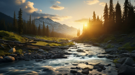 a stunning photograph captures the serene beauty of an evening landscape, featuring a river winding through majestic mountains. the sun's rays create a mesmerizing effect, illuminating the scene with a warm glow. this nature-inspired image, reminiscent of whistlerian art, promotes environmental awareness. taken with a graflex speed graphic camera, it embodies the essence of captivating imagery often seen in associated press photos. ai generatedの素材