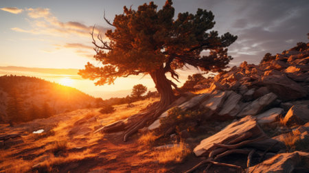 a tree stands atop a mountain during the evening, bathed in the warm hues of light bronze and orange. this uhd image captures the serene beauty of nature, with the use of graflex speed graphic camera and terragen software. the nature-inspired imagery, created with cryengine, evokes a sense of tranquility and the essence of cabincore aesthetic. ai generatedの素材