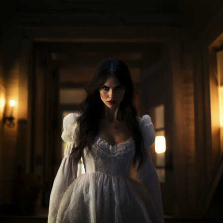 a female in a white dress stands in a hallway, exuding a southern gothic-inspired vibe. the 8k resolution captures the dramatic lighting effects, enhancing the overall atmosphere. shot on ferrania p30 film, this captivating image embodies the cabincore aesthetic. with its 32k uhd quality, it could easily grace the pages of national geographic. ai generatedの素材
