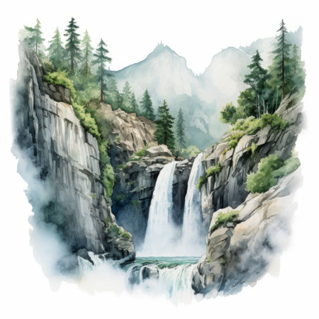 a highly detailed watercolor illustration of a waterfall surrounded by a serene woods. the illustration showcases a realistic and hyper-detailed rendering of the waterfall, with a smokey background adding depth to the scene. the style of the illustration is reminiscent of whistlerian art, capturing the beauty of nature in intricate detail. ai generatedの素材