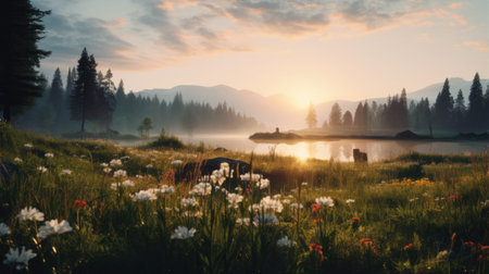 the photo captures a breathtaking sunrise over a serene lake shore, with a stunning waterfall cascading into a peaceful creek. reminiscent of a playstation 5 screenshot, the image showcases poetic pastoral scenes and evokes cowboy imagery. delicate flowers add a touch of beauty to the lush and detailed landscape, created using terragen software. the scene is bathed in a warm, light-filled ambiance. ai generatedの素材
