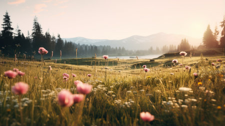 flowers in the field covered in snow, showcasing the stunning beauty of nature. this photo, created in the style of unreal engine 5, features a mesmerizing combination of light pink and gold hues. the mountainous vistas add a touch of grandeur to the scene, while the realistic and hyper-detailed renderings make it truly captivating. with a forestpunk vibe and selective focus, this image is aの素材