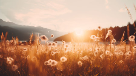 golden sunlight illuminates a picturesque landscape of wild dandelions during early autumn. captured in the style of a graflex speed graphic, this uhd image showcases mountainous vistas and minimalistic landscapes. the light beige and orange hues create a romantic riverscape, while the dark amber and white tones add depth and contrast. ai generatedの素材