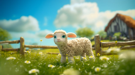 a small sheep and its lamb standing in a grassy field, rendered in cinema4d. the image showcases highly detailed environments, with a cute and dreamy atmosphere. the style draws inspiration from oshare kei, hurufiyya, and wimmelbilder, creating a visually captivating scene. the use of rtx technology enhances the overall visual quality. ai generatedの素材