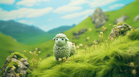 sheep grazing in a grassy field with mountains in the background. this rendered image, created in cinema4d, showcases plush doll art with a soft-focus effect. the neogeo style and environmental portraiture capture the sheep made of vines in stunning uhd detail. ai generatedの素材