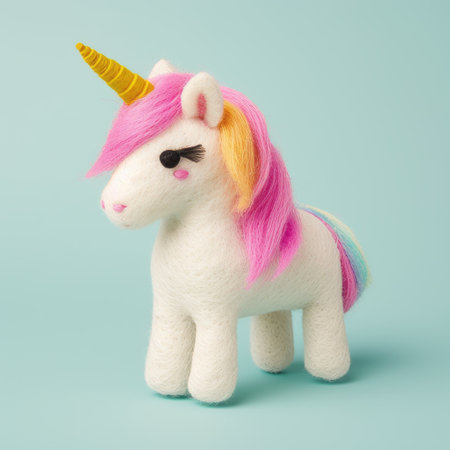 a pink and white felthug unicorn doll, made of wool, is captured in a photograph with a rainbow backdrop. the image has a low depth of field, showcasing the doll in focus while the background is blurred. the light turquoise and dark yellow hues add a vibrant touch to the picture. this object portraiture specialist shot the low-resolution image using kodak portra film. ai generatedの素材