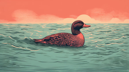 a black duck gracefully floats on the river or sea, depicted in a psychedelic illustration style. the artwork by james gilleard showcases a realistic hyper-detailed rendering with a touch of american tonalist influence. the woodcut technique adds a romantic and nostalgic feel to this vibrant and captivating illustration. ai generatedの素材