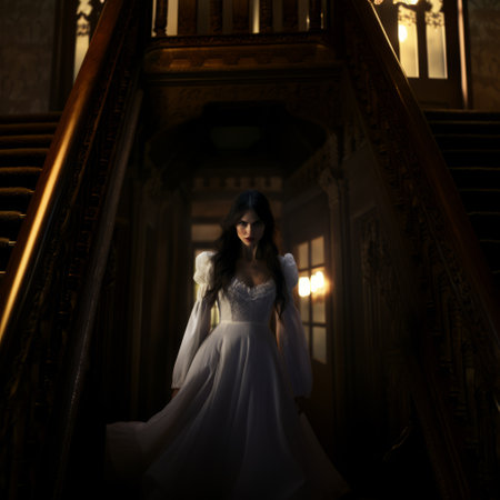 a woman with long hair stands next to a staircase, exuding a southern gothic-inspired aura. the vray tracing technique enhances the night photography, creating a cinematic elegance. the dark white and amber tones add depth to the image, reminiscent of the captivating style of kevin hill. natalia drepina's artistic touch is evident in this captivating photograph. ai generatedの素材