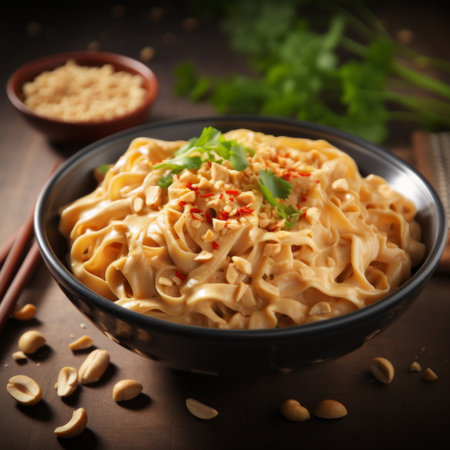 noodles with peanuts and veggies, beautifully presented on a rustic hardwood table. the image showcases a vibrant blend of dark orange and light gold tones, capturing the meticulous details of the dish. taken with a hasselblad h6d-400c, the photo exudes an asian-inspired aesthetic, with hints of light beige and light azure. the dynamic composition adds an action-packed feel to this visually stunning image. perfect forの素材