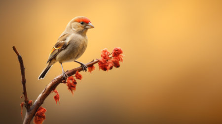 a small bird perched on a branch, surrounded by vibrant flowers, is captured in the style of high-key lighting. the image showcases a combination of light brown and red hues, enhanced by ray tracing technology. this visually stunning 8k photograph embodies the prairiecore aesthetic, featuring the iconic ferrania p30 film. its eye-catching composition is sure to captivate viewers. ai generatedの素材