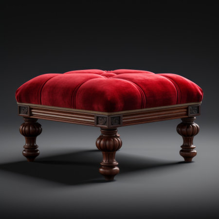 red velvet ottoman and wooden-legged stool, showcasing classical revival style with intricate details. this highly realistic 15th-century inspired piece is captured in stunning 8k resolution. influenced by victorian glasgow and bamileke art, it exudes a sense of elegance and features quadratura elements. ai generatedの素材