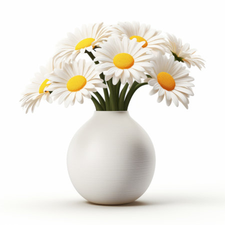 a white vase filled with white daisies, captured in a realistic yet stylized manner. the fish-eye lens adds a unique perspective to the simplified and minimalist design, creating an anti-clutter aesthetic. this photo showcases the beauty of the white daisies against the clean backdrop of the white vase. ai generatedの素材