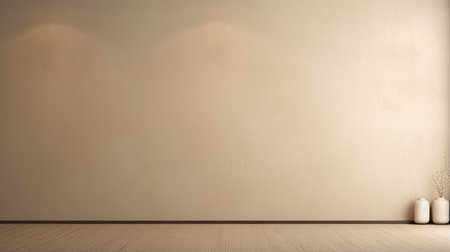 empty room with white vases, furniture, and wood floor for interiors, office, or retail layout. the 3d rendering showcases a light orange and dark beige color scheme, inspired by tonalist paintings. the design incorporates elements from artists like todd hido, featuring earth tones and minimalist purity. the room also includes a cyclorama and a large-scale painting. ai generatedの素材