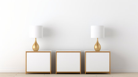 modern furniture with three lamps on a white floor, rendered in 3d. the design showcases a stylish combination of white and gold, with an emphasis on orderly symmetry. this creative commons attribution image features clever juxtapositions and minimalist canvases, while still maintaining a touch of traditional elegance. ai generatedの素材