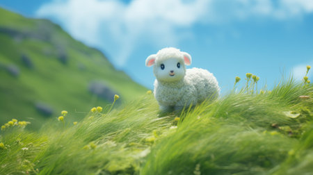 a photo of sheep grazing in lush green grass on a picturesque hill, with majestic mountains serving as a stunning backdrop. this scene is beautifully rendered in the style of cinema4d, showcasing a charming kawaii aesthetic. the use of unreal engine adds a touch of realism to the image, while the blurred white and blue tones create a dreamy atmosphere. the plush doll art andの素材