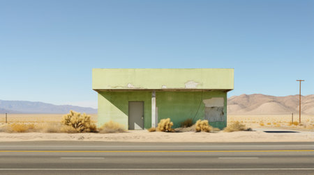 an old abandoned building stands alone on the desert road, showcasing a unique blend of light green and light amber hues. the photograph captures a subtle minimalism, with a hyper-realistic representation reminiscent of the 1960s. the sharp and prickly features of the building are highlighted through spot metering, resulting in photographically detailed portraitures. ai generatedの素材
