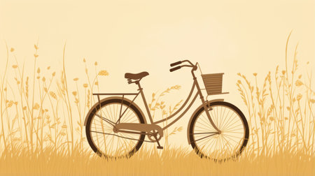 a vintage-inspired illustration featuring a charming white and brown bicycle resting peacefully on a bed of grass. the warm tones of dark yellow and amber create a nostalgic atmosphere reminiscent of historical mid-century illustrations. this idyllic scene captures the essence of rural life, making it a perfect choice for wallpapers or any romantic-themed projects. ai generatedの素材