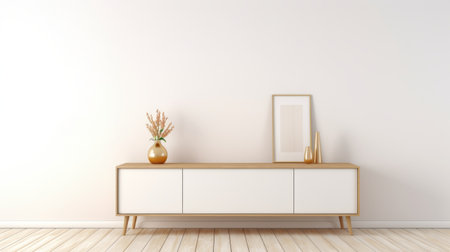 white living room with a white dresser and vase, depicted in a 3d render. the room follows a 20th-century scandinavian style, featuring light brown and gold accents. the photo has a matte finish, appealing to abstract minimalism enthusiasts. the room showcases streamlined forms and offers various modes of display for collectors. ai generatedの素材