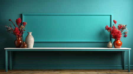 two vases and a framed poster adorn a desk in a stunning turquoise bathroom. this color field minimalism-inspired space, created using unreal engine, features a dark teal color palette with bold, strong lines. the matte background enhances the hard-edge color field effect, while light green and white accents add a touch of freshness. ai generatedの素材