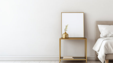 white bed in the bedroom with a wooden mirror, captured in a 3d rendering stock photo. the photo showcases a gold-style, minimalist portrait with minimalistic metal sculptures, reflecting the current minimalism tendencies. the artist's frame adds a touch of elegance, while the yellow and bronze accents complement the floral still-lifes. ai generatedの素材