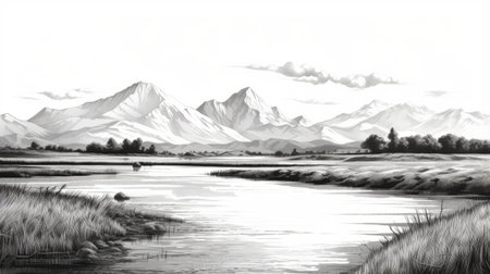 black and white drawing of mountains in the style of romantic riverscapes. the realistic hyper-detailed rendering showcases serene pastoral scenes with light brown and white hues. inspired by dansaekhwa, the drawing features saturated pigment pools and clean, sharp inking. ai generatedの素材