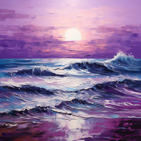 a painting of purple sunset waves behind, in the style of modern impressionism. this artwork captures the essence of a romantic moonlit seascape, with a traditional oil painting technique. the artist skillfully uses a palette knife to create a textured effect, blending dark pink and light cyan hues. this uhd image showcases the beauty of the sea and coast, perfect for art enthusiasts. ai generatedの素材