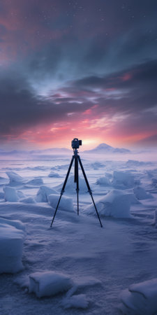 frozen mountain landscape in the arctic captured with a high-definition camera. this nature photograph, inspired by the style of dariusz klimczak, showcases the stunning scenery covered in snow. the soft-focus technique adds a dreamy touch to the richly colored skies. shot with fujifilm eterna 500t, the image exhibits photographically detailed portraitures reminiscent of the works of mike campau, a renowned sea and coast painter. aiの素材