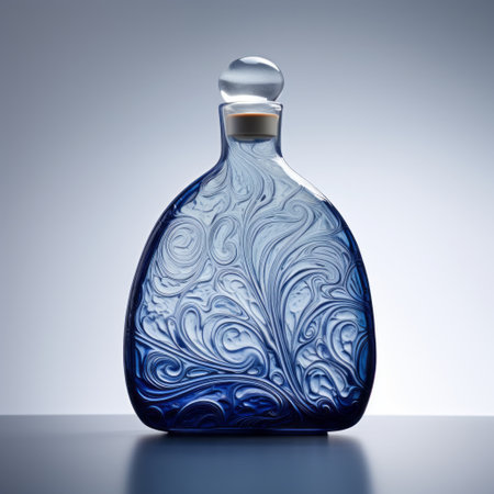 blue bottle with a patterned container, featuring elegant and intricate patterns. this realistic still life photograph showcases dramatic lighting, capturing the velvety textures and flowing forms of the bottle. shot with a hasselblad 1600f, the image exhibits clear edge definition and layered fibers, creating a visually captivating composition. ai generatedの素材