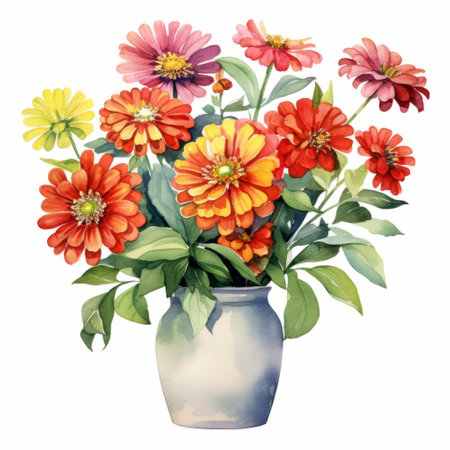 a stunning floral arrangement watercolor painting vector, inspired by the meticulous photorealistic still lifes of artists like marguerite blasingame and gustave caillebotte. this artwork captures the vibrant hues of red and orange, showcasing the artist's mastery of realistic watercolor techniques and traditional oil-painting methods. ai generatedの素材
