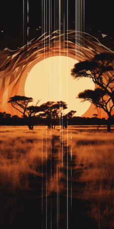 a digital painting of a tree standing tall amidst wild grass, showcasing the vibrant and futuristic style of afrofuturism. inspired by iconic album covers and the warm hues of orange and beige, this artwork pays homage to the renowned artist gerard sekoto. the flowing silhouettes and time-lapse photography techniques used in this piece create a captivating visual reminiscent of the criterion collection. ai generatedの素材