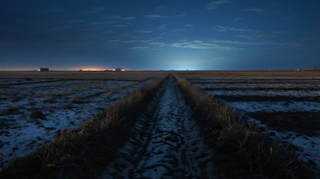 moonlit landscape of grass prairie at night, reminiscent of matt molloy's style. this uhd image captures the essence of stephen shore's industrial photography, with a focus on linear perspective. the dark cyan and blue hues add a touch of mystery to this traditional landscape. ai generatedの素材
