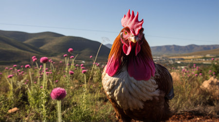 a big brown rooster, with quirky character, gazes at the ground in this national geographic-style photo. the vibrant colors of flower power, light magenta, and red create a striking contrast against the monumental vistas. captured with a topcor 58mm f14 lens, this image beautifully combines the natural world with the artistry of ndebele art. ai generatedの素材