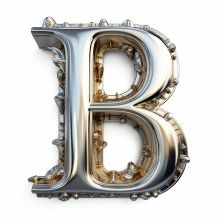 a 3d model letter b crafted from metal, featuring a combination of gold and silver. this organic biomorphic style showcases hyper-detailed and realistic renderings. the photo captures the intricate and ornate details, reminiscent of the bechers typologies. emphasizing emotion over realism, this high-quality image showcases the letter b in all its intricate glory. ai generatedの素材
