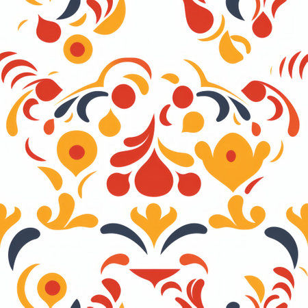 a stunning floral pattern inspired by polish folklore motifs featuring a vibrant mix of colors including light amber and navy. the whimsical abstractions and flowing lines create a captivating design on a white background. this bold and vibrant pattern showcases symbolic iconography in a visually striking way. ai generatedの素材