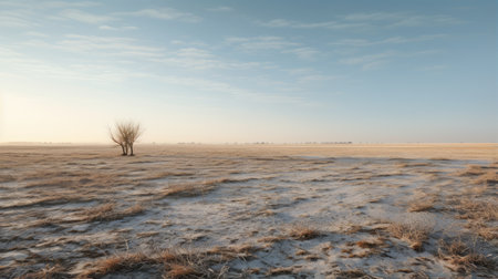 an empty, barren field stretches out beneath the vast sky in this uhd image. the gauzy atmospheric landscapes capture the essence of prairiecore, with its snow scenes and light indigo and bronze hues. this photograph evokes the spirit of the new topographics movement and could easily be mistaken for an associated press photo. ai generatedの素材