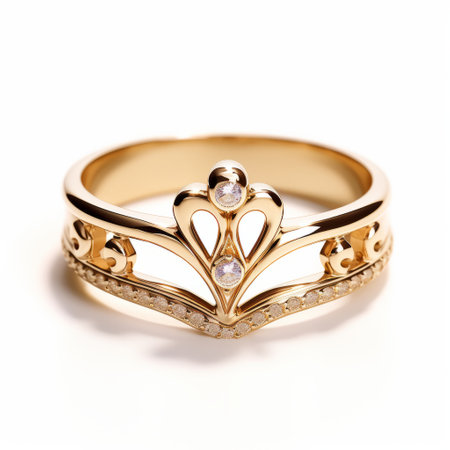 a high-quality photo featuring a yellow gold ring adorned with diamonds, set against a clean white background. the ring showcases intricate art nouveau-inspired design, with delicate gold detailing. the dreamlike symbolism and inlay elements add a touch of elegance. reminiscent of the sailor moon manga style, this symmetrical piece captures attention with its exquisite craftsmanship. ai generatedの素材